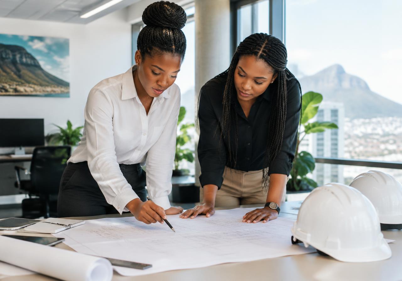 Engineers reviewing drawings in an office (illustrative image)